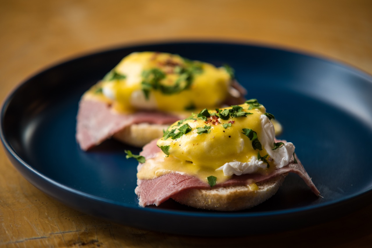 Close-up of eggs benedict with hollandaise